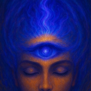 May include: Digital painting of a person with closed eyes, featuring a third eye and blue energy emanating from the head. The skin tones are warm, contrasting with the cool blues. The artwork evokes themes of spirituality and enlightenment.
