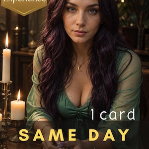 Puede incluir: Una persona con cabello largo color púrpura oscuro viste una blusa verde y un collar de media luna dorada. Texto: 10+ Years of Experience, By Aura Palace, 1 card SAME DAY Tarot Reading. Velas encendidas en candelabros y una carta de tarot.