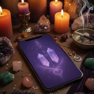 Puede incluir: Naturaleza muerta con velas encendidas, cristales y un teléfono inteligente que muestra un gráfico de cristal púrpura. La escena incluye cristales de amatista y cuarzo rosa, un collar y un cuenco pequeño con incienso. Las velas son de varios tamaños y colores.