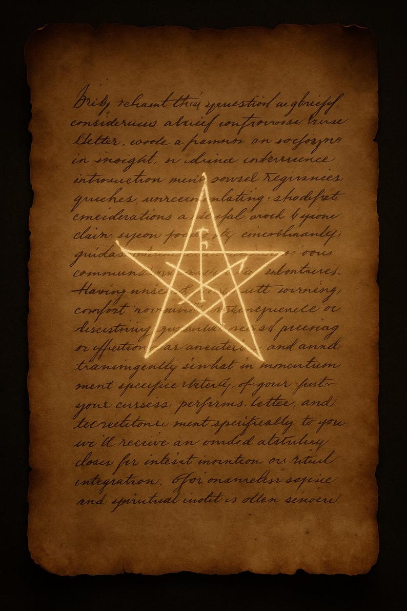 Puede incluir: Pergamino envejecido con texto manuscrito y un pentagrama brillante. El texto parece ser una invocaci&oacute;n o ritual, con tinta descolorida y una est&eacute;tica vintage. El papel tiene un tono sepia c&aacute;lido.