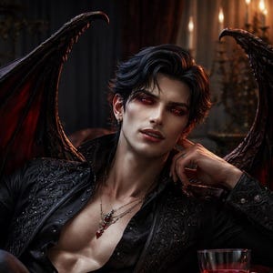 Puede incluir: Ilustración digital de una persona con cabello oscuro y ojos rojos, vistiendo una chaqueta negra y un collar con un colgante rojo. Grandes alas oscuras son visibles detrás de la persona. Una copa de líquido rojo está en primer plano.