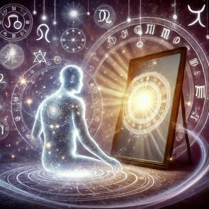 Peut inclure: Une figure translucide et brillante est assise en position de méditation devant un miroir qui reflète une lumière vive et un motif circulaire. L'arrière-plan est rempli de symboles astrologiques et de motifs tourbillonnants.