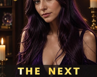 May include: A person with long dark purple hair wearing a deep purple velvet top. Text reads 10+ Years of Experience, By Aura Palace, and THE NEXT 12 MONTHS Tarot Reading. The scene includes lit candles, a tarot deck, and a purple crystal on a table.