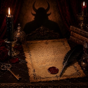 May include: A piece of aged parchment paper with handwritten cursive text and a red wax seal, accompanied by a black feather quill, a gold skeleton key, a black candle in a metallic holder, and a stack of leather-bound books on a dark surface.