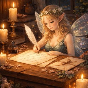 Puede incluir: Ilustración de un hada escribiendo en un escritorio de madera. El hada tiene cabello rubio, una corona floral y alas translúcidas. Velas encendidas, un tintero y libros están sobre el escritorio. La escena está iluminada por luz cálida.
