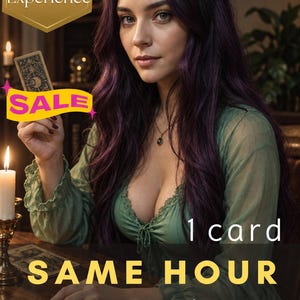 Può includere: Un annuncio per un servizio di lettura dei tarocchi con il testo 10+ Years of Experience, SALE, 1 card SAME HOUR Tarot Reading e By Aura Palace. L'immagine mostra una persona con lunghi capelli viola scuro che indossa un top verde a maniche lunghe.