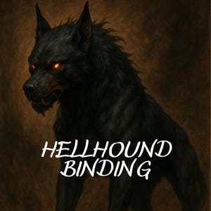 Puede incluir: Ilustración digital de un perro infernal negro con ojos naranja brillantes y dientes afilados. El texto "HELLHOUND BINDING" está escrito en blanco, con letras estilizadas en la parte inferior de la imagen. El fondo es marrón oscuro.
