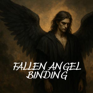 Puede incluir: Ilustración digital de un ángel caído con grandes alas negras y una expresión sombría. El ángel viste ropas oscuras, y el texto "FALLEN ANGEL BINDING" se muestra en blanco en la imagen.