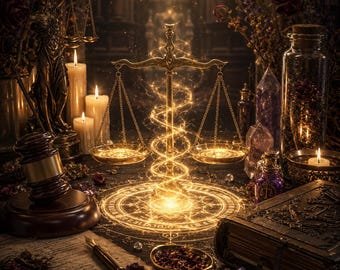 Puede incluir: Una balanza de justicia dorada se encuentra en el centro, rodeada por una espiral mágica brillante, un mazo de madera, una estatua de la Justicia, velas encendidas, un libro encuadernado en cuero, una pluma estilográfica, cristales y pétalos.