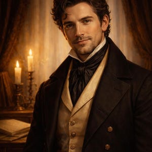 May include: A portrait of a man in period attire. He wears a black overcoat, a cream-colored vest, and a black cravat. Two lit candles and a book are visible in the background, suggesting a historical or romantic theme.
