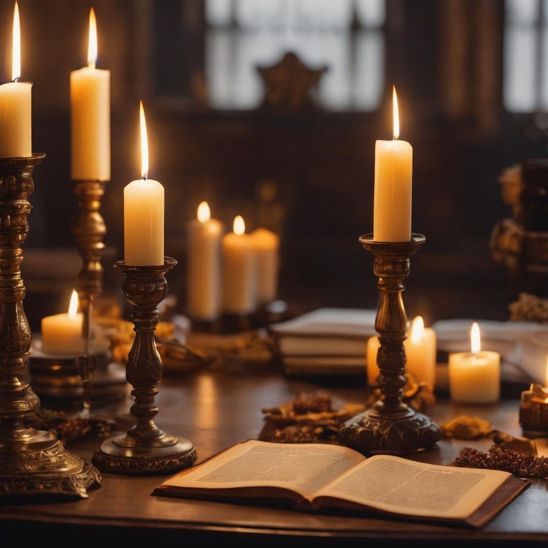 Puede incluir: Una escena tenue con velas encendidas de varios tama&ntilde;os en candelabros de lat&oacute;n ornamentados. Un libro abierto descansa sobre una mesa de madera, rodeado de otras velas y elementos decorativos. El ambiente es c&aacute;lido y vintage.