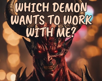 May include: A red demon with horns and glowing red eyes stares intensely at the viewer. The text "WHICH DEMON WANTS TO WORK WITH ME?" is written in white letters on a peach background.