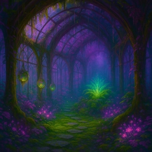 Könnte beinhalten: Digitales Gemälde einer mystischen Waldszene. Ein Weg aus Trittsteinen führt durch eine üppige, mit grünem Moos bedeckte Fläche. Der Wald ist mit violetten und grünen Farbtönen beleuchtet, mit hängenden Kugeln und leuchtenden Pflanzen.