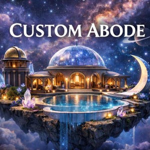 Puede incluir: Ilustración digital de una escena celestial con una estructura lujosa, techo abovedado y piscina. El texto "CUSTOM ABODE" en blanco se integra en un cielo estrellado con una luna creciente y un planeta.