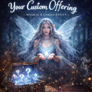 May include: Digital art featuring a mystical fairy with long silver hair, wings, and a glowing orb. The text "Your Custom Offering - Magical & Unique Entity" is displayed above the fairy. A wooden chest with question marks emits a bright light.