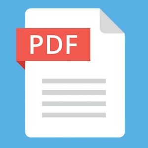 Puede incluir: Icono de documento blanco con una etiqueta PDF roja en la esquina superior izquierda. La etiqueta contiene las letras blancas "PDF". El documento tiene l&iacute;neas horizontales grises sobre un fondo azul.