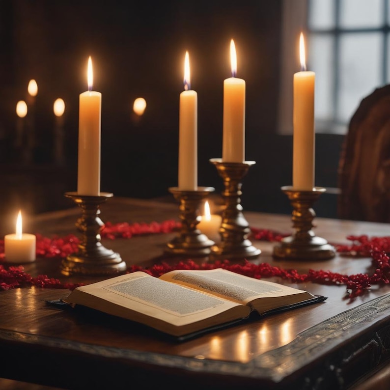 Puede incluir: Un libro abierto descansa sobre una mesa de madera oscura, rodeado de velas encendidas en candelabros dorados ornamentados. Elementos decorativos rojos est&aacute;n dispersos alrededor de las velas. La escena est&aacute; tenuemente iluminada, creando un ambiente c&aacute;lido y acogedor.