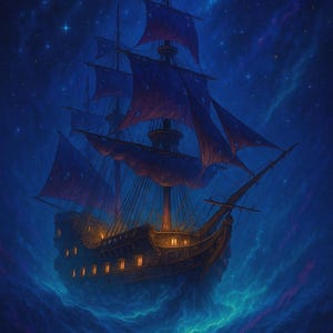 May include: A digital illustration of a tall sailing ship with dark sails and glowing windows, set against a deep blue night sky filled with stars and swirling nebulae. The ship appears to be floating in a sea of clouds.