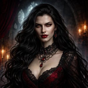 May include: A portrait of a woman with long, wavy black hair and red eyes. She wears a black lace choker with red jewels, matching earrings, and a red and black dress. The background features candles and a gothic architectural setting.