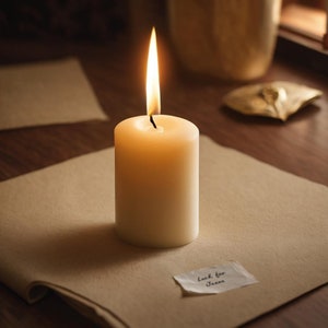 May include: A white candle with a lit flame sits on a brown surface with a piece of paper that says "Look for Jenna".