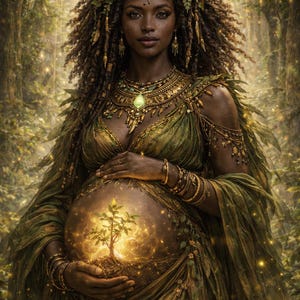 Puede incluir: Imagen de arte digital de una mujer con un vestido verde y joyas doradas, con un árbol brillante en su abdomen. Lleva una corona de hojas y flores, sobre un fondo de bosque.