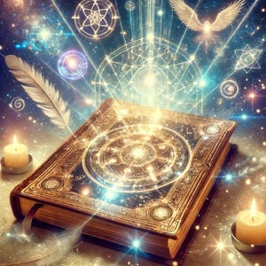 May include: An antique, leather-bound book with gold accents and a glowing, intricate design on the cover. The book is surrounded by a magical, celestial background with stars, swirling light, and geometric patterns.