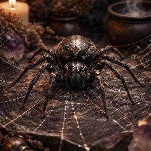 May include: A detailed image of a large, dark spider with a textured body and long legs, positioned on a web. The spider is the focal point, set against a backdrop of a candle, crystals, and a cauldron, creating a mystical theme.