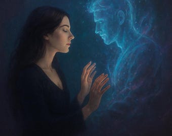 Può includere: Un dipinto che raffigura una persona con lunghi capelli scuri che indossa un top nero, di fronte a una figura spettrale blu traslucida e luminosa di un'altra persona. Le figure sono di profilo e la persona dai capelli scuri tende le mani verso l'entità.