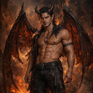 Pode incluir: Uma figura musculosa com cabelo escuro, chifres e grandes asas detalhadas está em frente a um fundo flamejante. A figura usa um colar com um pingente vermelho, um cinto preto e calças escuras. A imagem evoca um tema de fantasia ou mitológico.