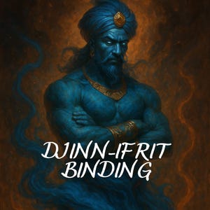 Op de afbeelding: Een digitale illustratie van een blauwhuidige djinn met een tulband en gouden sieraden. De djinn heeft een lange baard en staat met gekruiste armen. De tekst "DJINN-IFRIT BINDING" staat in het wit onderaan.