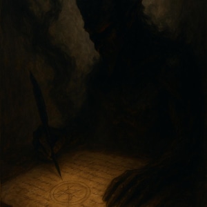 Puede incluir: Ilustraci&oacute;n oscura y sombreada de una figura con cuernos escribiendo en pergamino. La silueta de la figura es prominente, con una pluma en la mano, y un pentagrama est&aacute; dibujado en el papel. La escena est&aacute; iluminada con un brillo c&aacute;lido y tenue, creando una atm&oacute;sfera misteriosa.
