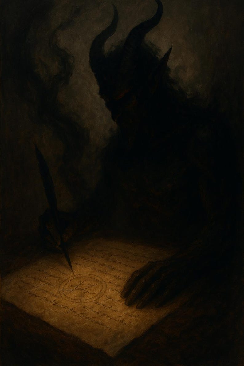 Puede incluir: Ilustraci&oacute;n oscura y sombreada de una figura con cuernos escribiendo en pergamino. La silueta de la figura es prominente, con una pluma en la mano, y un pentagrama est&aacute; dibujado en el papel. La escena est&aacute; iluminada con un brillo c&aacute;lido y tenue, creando una atm&oacute;sfera misteriosa.