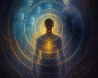 May include: An artistic depiction of a person surrounded by concentric circles of light. The figure is illuminated with a golden glow, with ethereal figures in blue surrounding the central figure. The artwork evokes themes of spirituality and enlightenment.