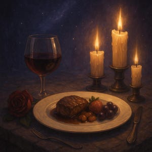 May include: A romantic dinner scene with a lit candle, a glass of red wine, a plate with steak, grapes, and a strawberry, and a red rose. The scene is set on a dark table with a dark background.