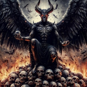 Könnte beinhalten: Eine dunkle, dämonische Gestalt mit Hörnern und Flügeln sitzt auf einem Thron aus Schädeln. Die Gestalt ist von Flammen und Fledermäusen umgeben.