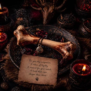 Puede incluir: Un objeto con forma de hueso con un colgante, sobre un plato oscuro con pétalos secos. Una nota manuscrita con texto sobre lealtad y una huella de pata es visible. Velas encendidas y elementos decorativos crean un ambiente místico.