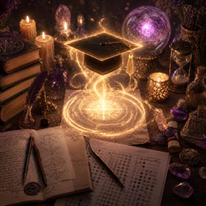 Pode incluir: Um capelo de graduação preto flutua sobre um círculo mágico dourado brilhante, rodeado por pilhas de livros antigos, uma bola de cristal, uma ampulheta, velas, canetas e cristais espalhados numa superfície de madeira com símbolos.