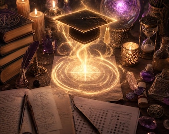 May include: A black graduation cap floats above a glowing golden magical circle, surrounded by stacks of old books, a crystal ball, an hourglass, candles, ink pens, and scattered crystals on a dark wooden surface with various occult symbols.