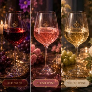 Può includere: Tre calici da vino in vetro trasparente con steli sottili ed emblemi dorati a forma di stella. I calici contengono rispettivamente vino rosso, rosato e bianco. Ogni calice si trova sopra un'etichetta rettangolare con scritto RED WINE, BLUSH WINE o WHITE WINE.