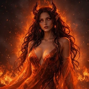 Pode incluir: Ilustração digital de uma mulher com cabelo longo e escuro, olhos vermelhos e pequenos chifres. Ela veste um vestido esvoaçante laranja-avermelhado, com um fundo de chamas. A imagem evoca um tema de fantasia ou mitológico.