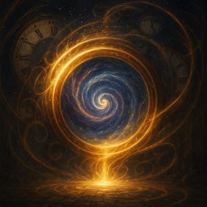 May include: An abstract digital art piece featuring a glowing golden spiral emanating from a dark, textured surface. The spiral leads to a swirling blue and gold vortex, with clock faces in the background. The artwork evokes themes of time and space.