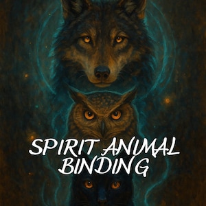 Op de afbeelding: Digitale kunst met een wolf, een uil en een zwarte kat met gloeiende oranje ogen. De tekst "SPIRIT ANIMAL BINDING" staat in het wit. Het kunstwerk heeft een donker, mystiek thema met teal en bruine tinten.