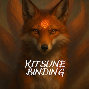 Op de afbeelding: Digitale illustratie van een vos met vurig oranje vacht en gloeiende ogen. De vos heeft een spiraalvormig ontwerp op zijn voorhoofd en meerdere staarten. De tekst "KITSUNE BINDING" staat eronder in witte letters.
