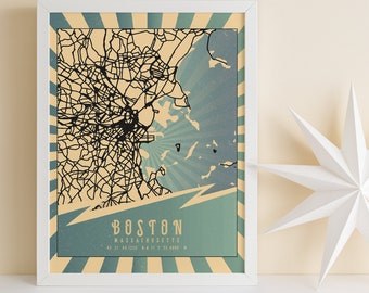 Boston City Map Print, Boston City Wall Decor, Vintage Poster, Boston Wall Art, Boston Art, Boston Print, Boston Map, Massachusetts Poster