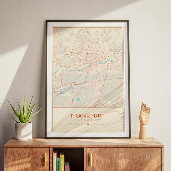 Minimalist Frankfurt Wall Art, Vintage Poster, Aesthetic Decor, Calming Art, Detailed Road Map, Multiple Sizes, Downloadable PDF Files