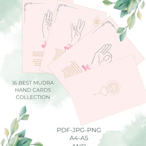 Raccolta di 16 carte Mudra Hand con nomi in sanscrito, carte stampabili per corsi di yoga, Ayurveda, meditazione e benessere.