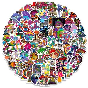 100 Pcs Handmade Hippie Trippy Mushroom Psychedelic Stickers | Waterproof Decals for Laptop Motorcycle and Skateboard