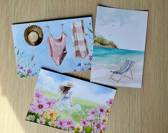 Set of Handmade Summer Themed Cards - Watercolor art postcards - Floral Art Prints - Beach Vacation and Slow Living Illustrations