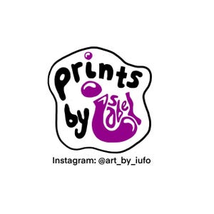 May include: Black and white logo with the text "Prints by Jabel" in a bubble-like shape. The "J" is a purple silhouette of a vase. The text "Instagram: @art_by_iufo" is below the logo.