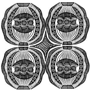 以下が含まれることがあります： 黒と白の抽象的なデザインで、4つの対称的なセクションに分かれています。各セクションには、中央に目のような形をした複雑なディテールを持つ円形のパターンがあります。